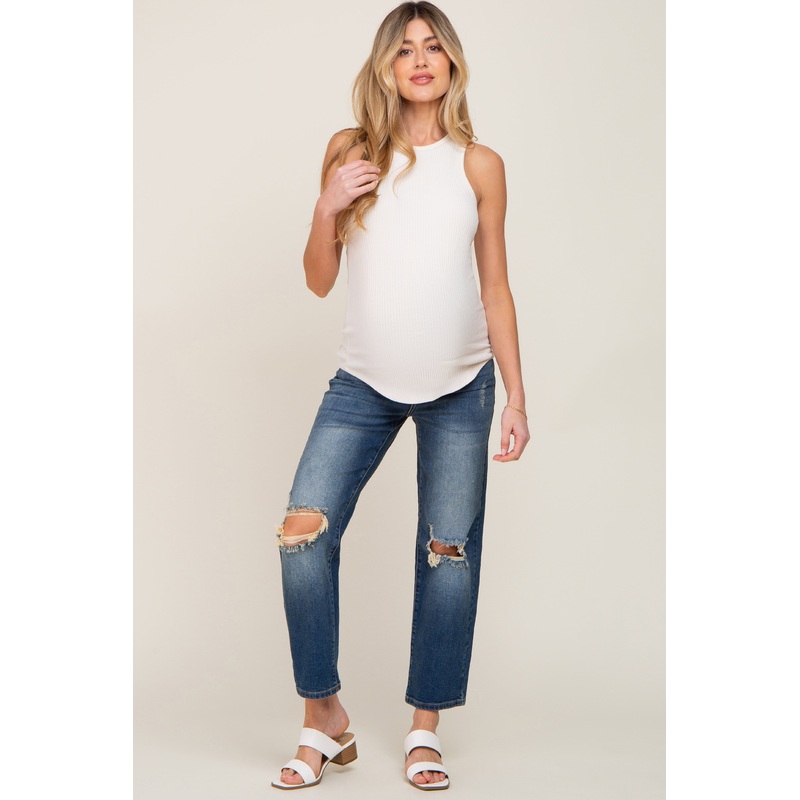 Medium Wash Distressed Knee Maternity Jeans