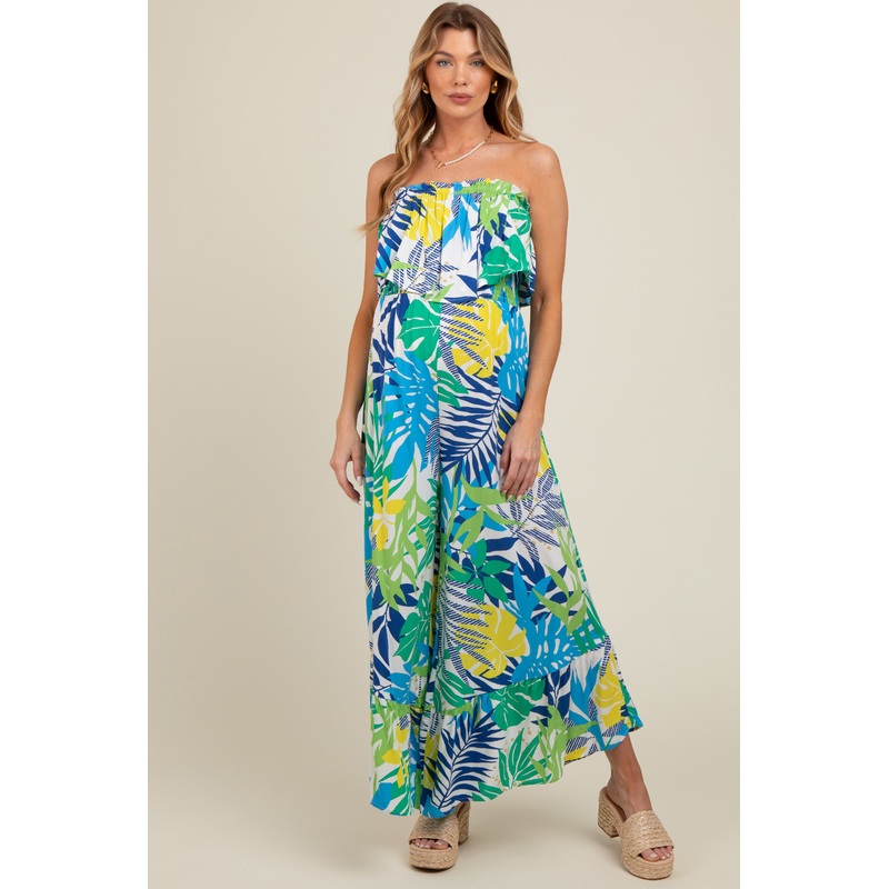 Multi-Color Palm Strapless Ruffle Wide Leg Maternity Jumpsuit