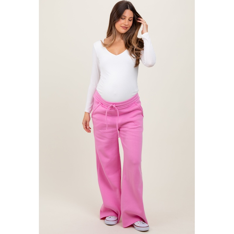 Pink Exposed Seam Wide Leg Maternity Sweatpants