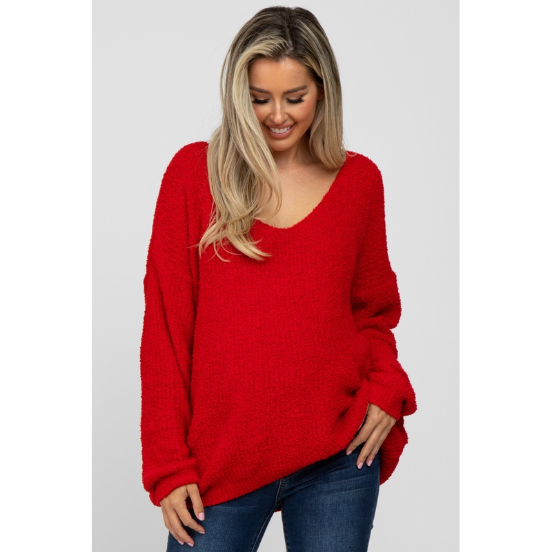 Red V-Neck Soft Maternity Sweater