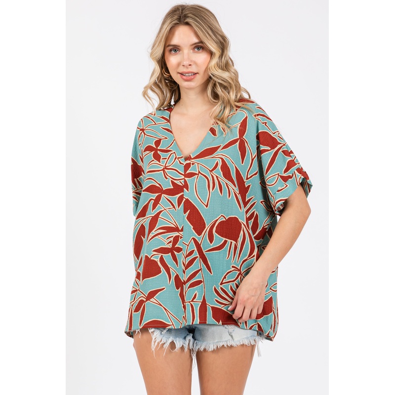 Teal Floral Short Sleeve Blouse