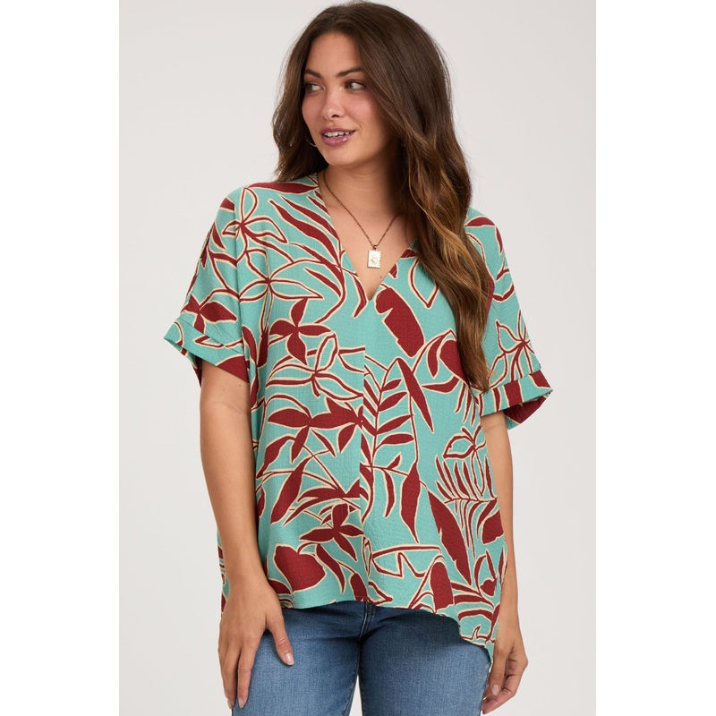 Teal Floral Short Sleeve Maternity Blouse