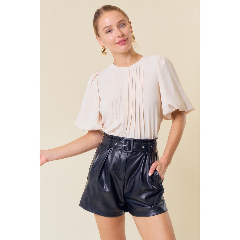 Vanilla Bubble Short Sleeve Pintuck Button Down Blouse