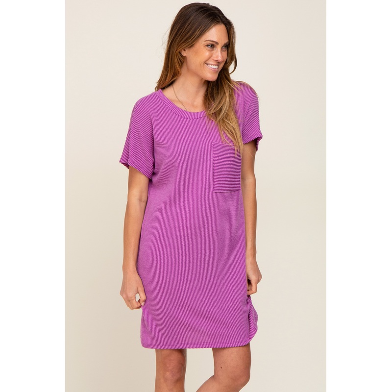 Violet Ribbed Front Pocket Dolman Short Sleeve Dress