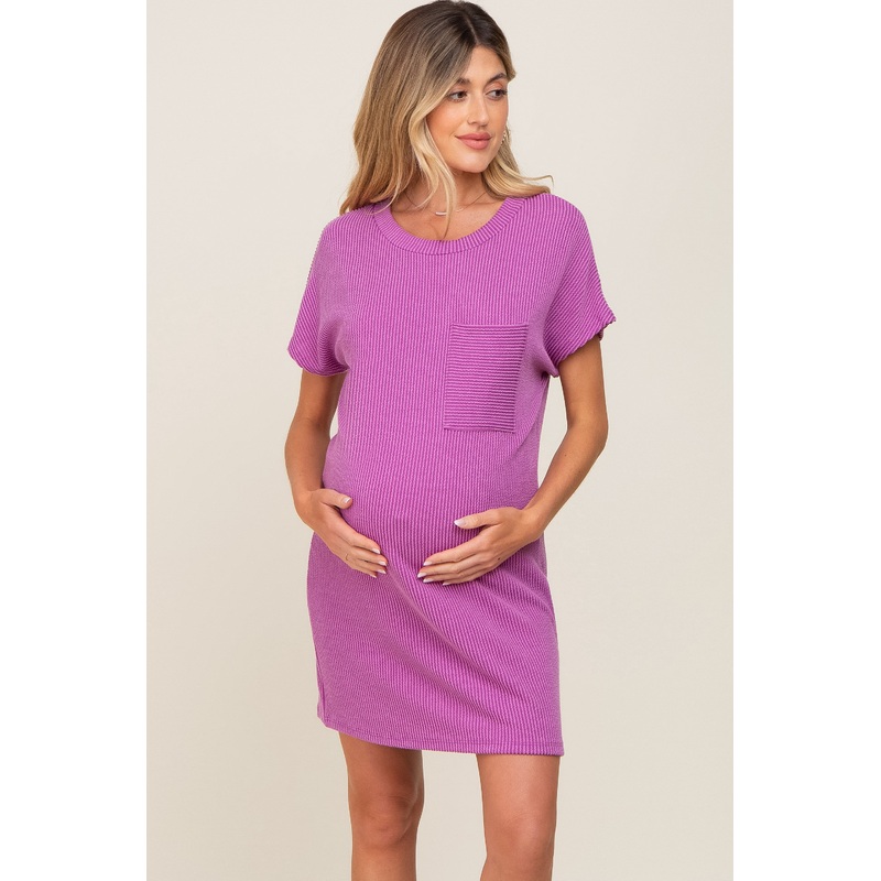 Violet Ribbed Front Pocket Dolman Short Sleeve Maternity Dress
