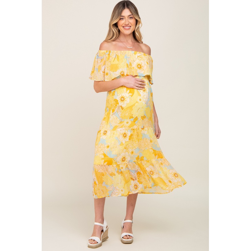 Yellow Floral Flounce Off Shoulder Maternity Midi Dress