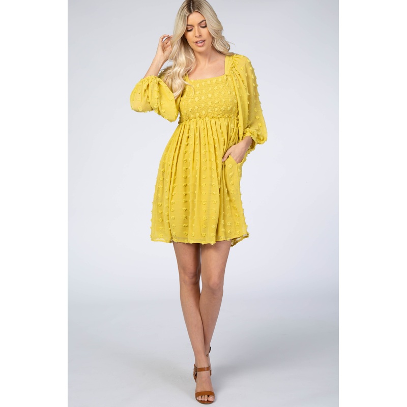 Yellow Textured Dot Smocked Square Neck Chiffon Dress