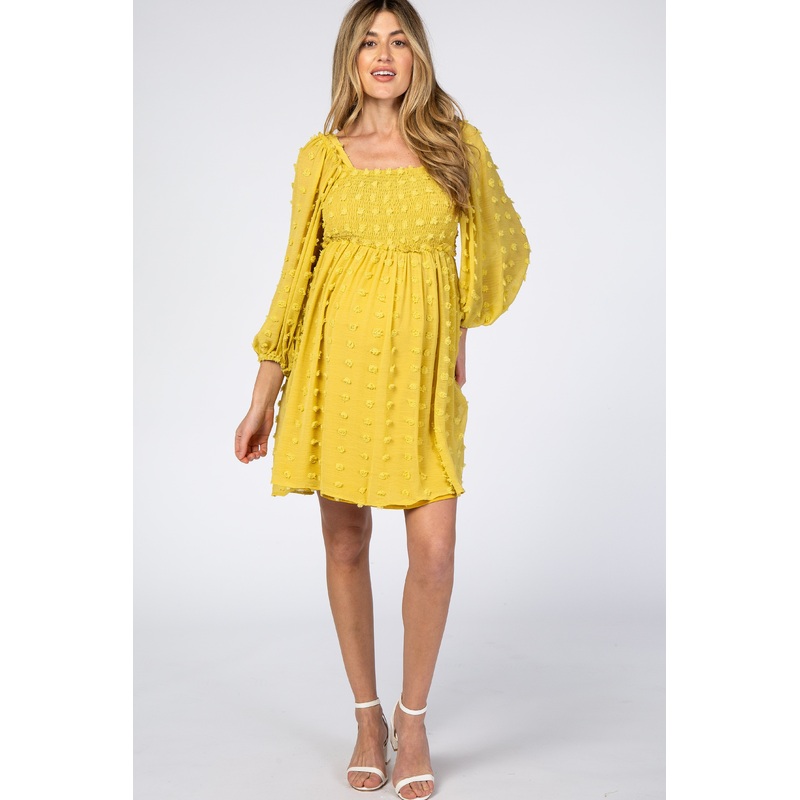 Yellow Textured Dot Smocked Square Neck Chiffon Maternity Dress