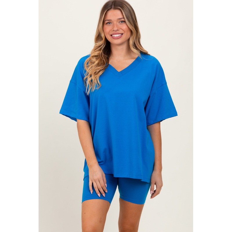 Aqua Oversized V-Neck Biker Short Set