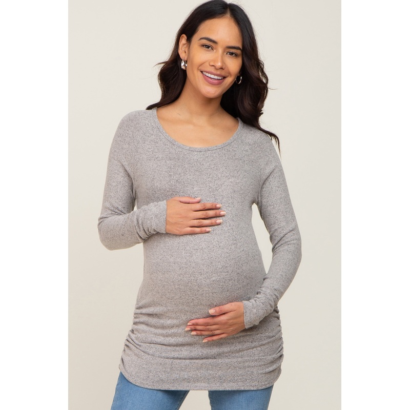 Beige Brushed Knit Ruched Maternity Top