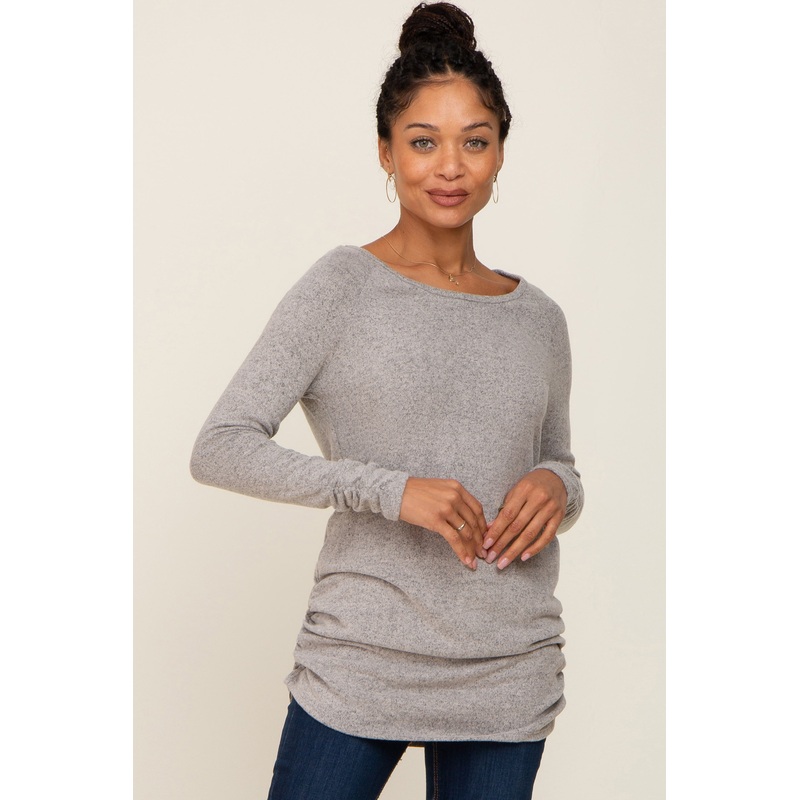 Beige Brushed Knit Ruched Top