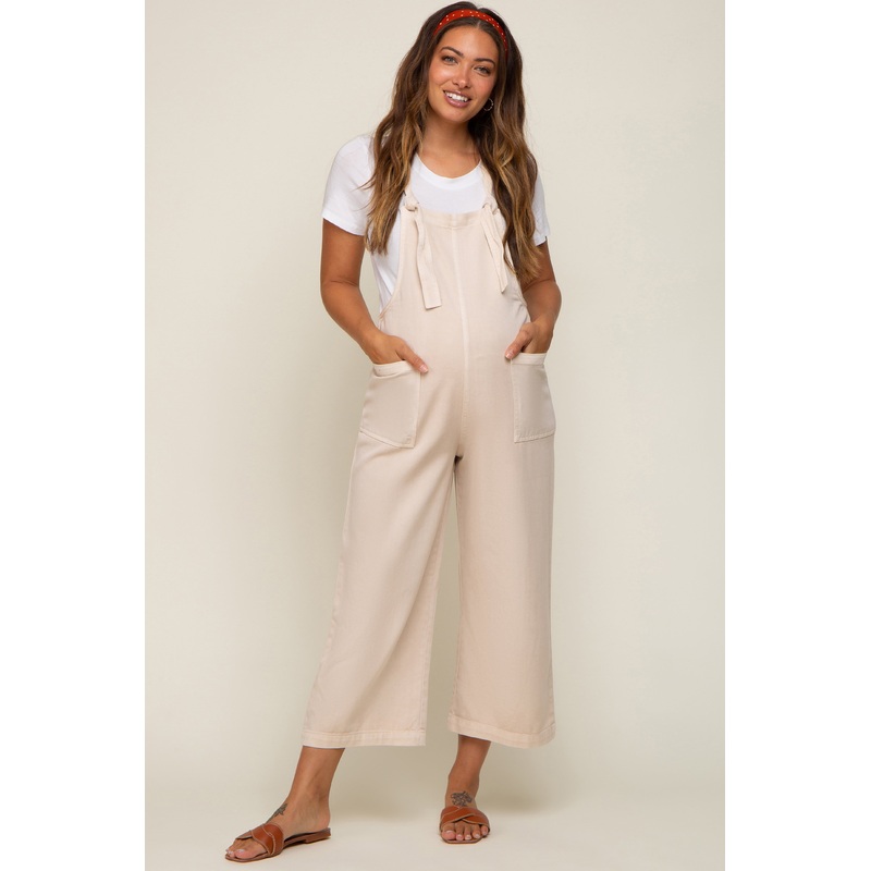 Beige Front Pocket Cropped Maternity Overall