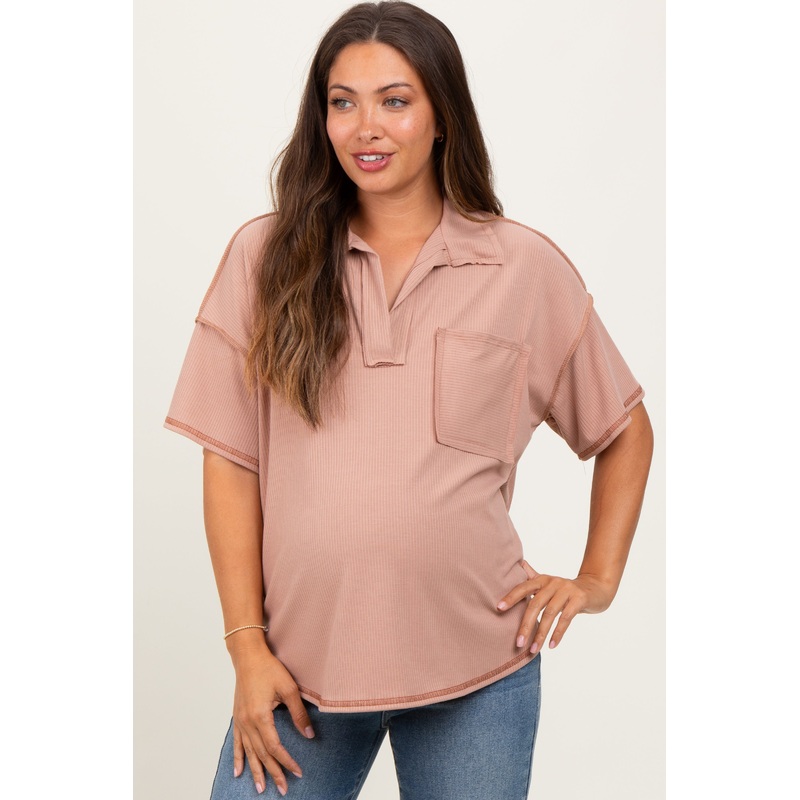 Beige Solid Ribbed Collar V-Neck Maternity Tunic Top