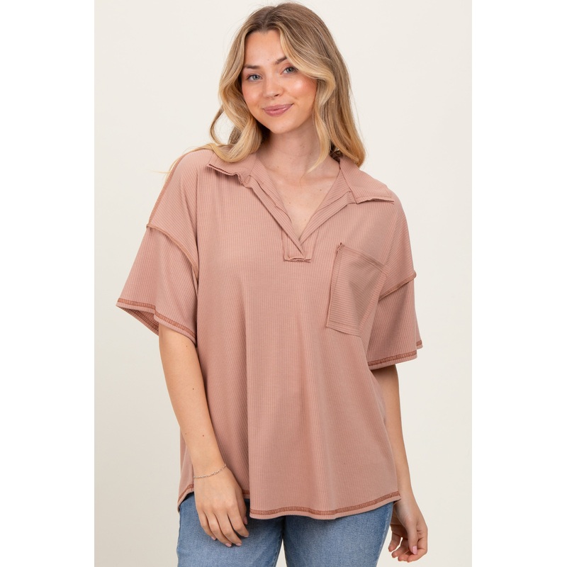 Beige Solid Ribbed Collar V-Neck Tunic Top