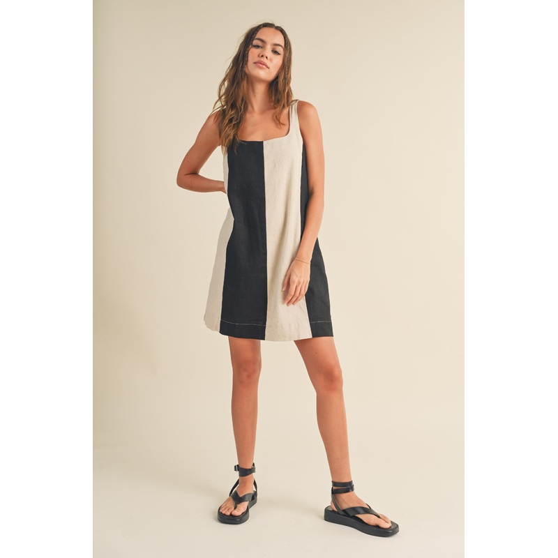 Black Color Block Linen Sleeveless Dress