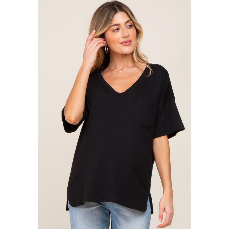 Black Pocketed V-Neck Maternity Top