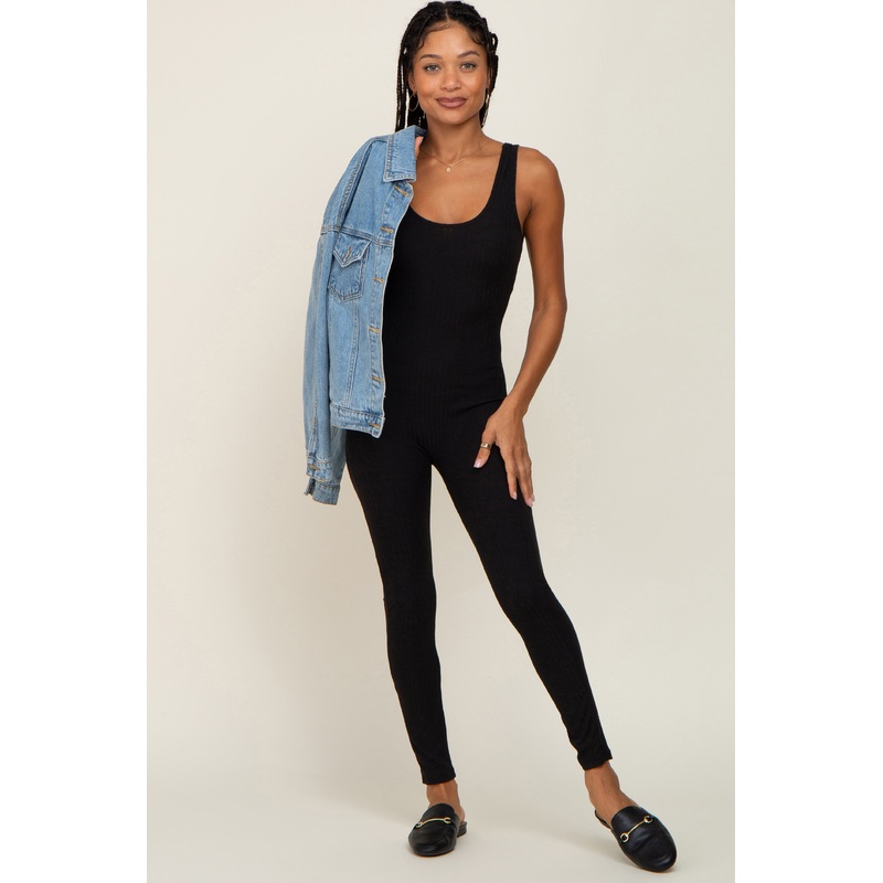 Black Ribbed Bodycon Jumpsuit