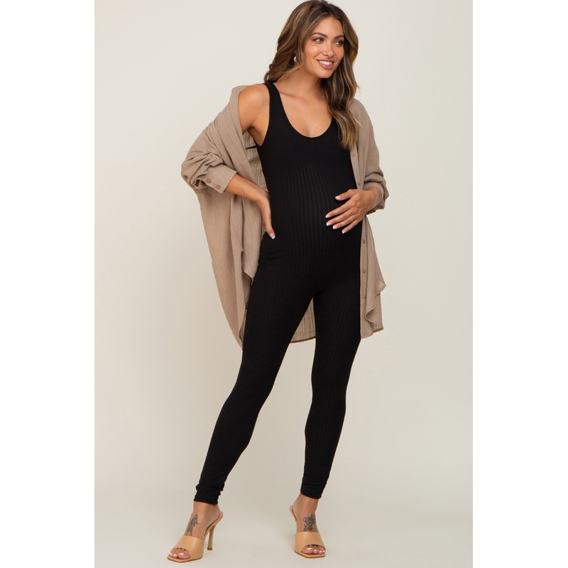 Black Ribbed Bodycon Maternity Jumpsuit