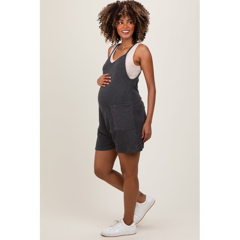 Black Solid Ribbed V-Neck Sleeveless Front Pocket Maternity Romper