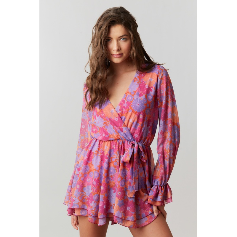 Fuchsia Multi Floral Chiffon Surplice Romper