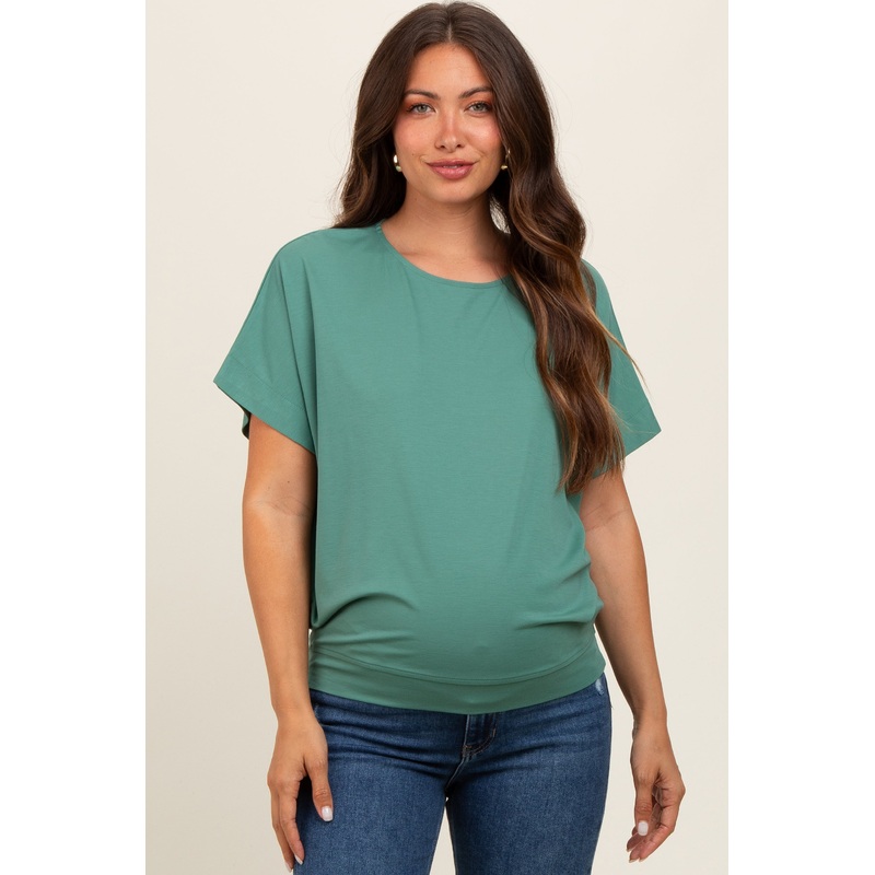 Green Round Neck Dolman Sleeve Maternity Top