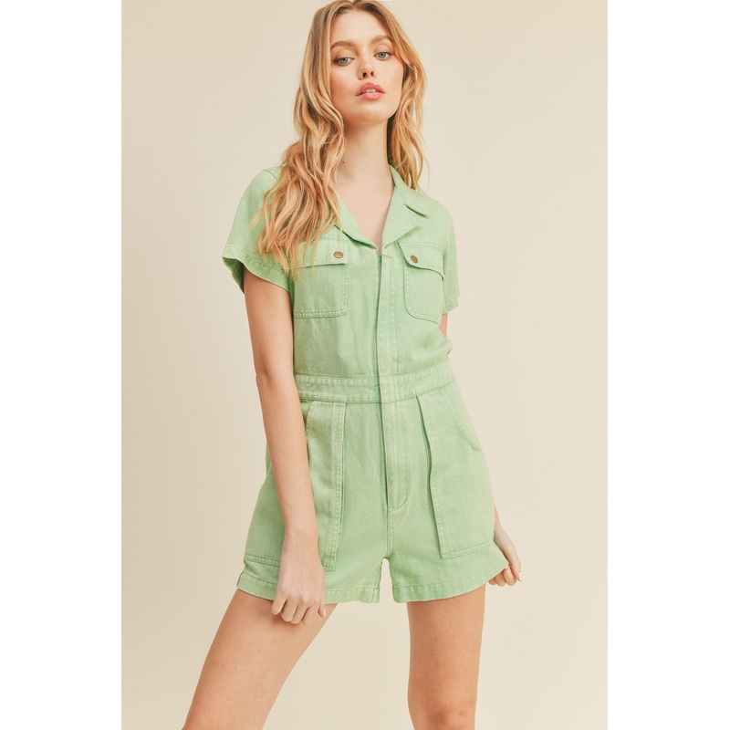 Green Washed Denim Utility Romper
