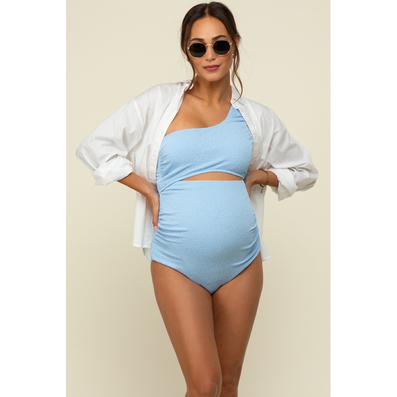 Light Blue Asymmetrical One Shoulder Side Cutout One-Piece Maternity Swimsuit