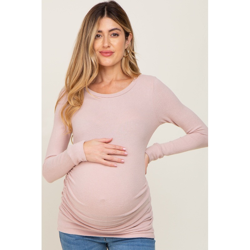 Light Pink Soft Knit Ruched Maternity Top