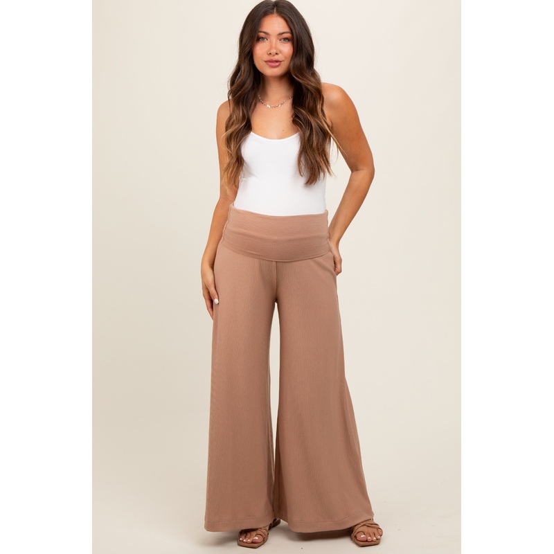 Mocha Ribbed Foldover Waist Maternity Wide Leg Pants