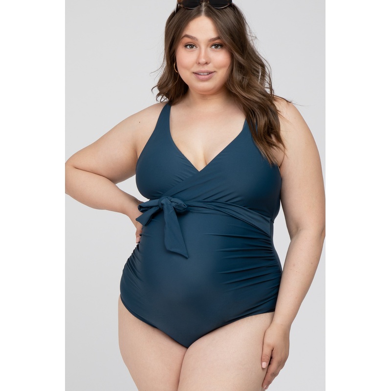 Navy Blue Waist Tie Maternity Plus One-Piece Swimsuit