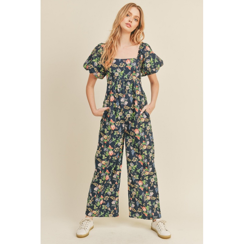 Navy Floral Wide Leg Puff Sleeve Jumpsuit