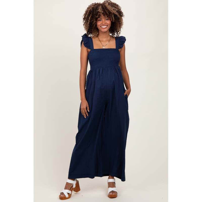 Navy Ruffle Strap Smocked Wide Leg Maternity Jumpsuit