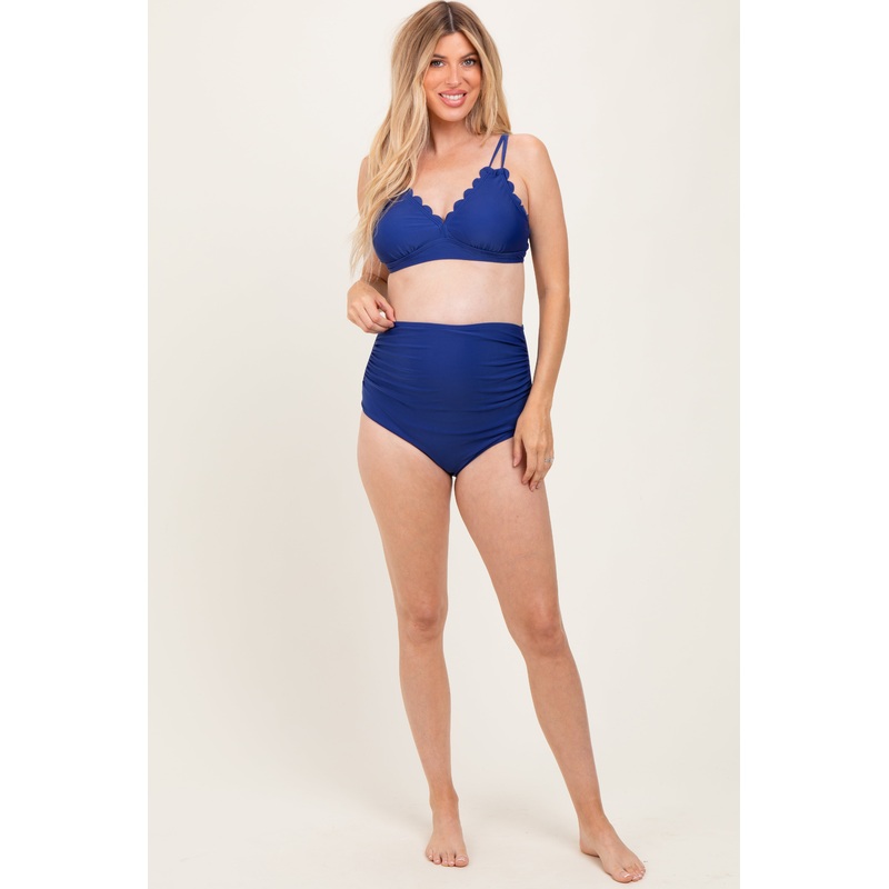 Navy Scalloped V-Neck High Waist Two-Piece Maternity Swimsuit