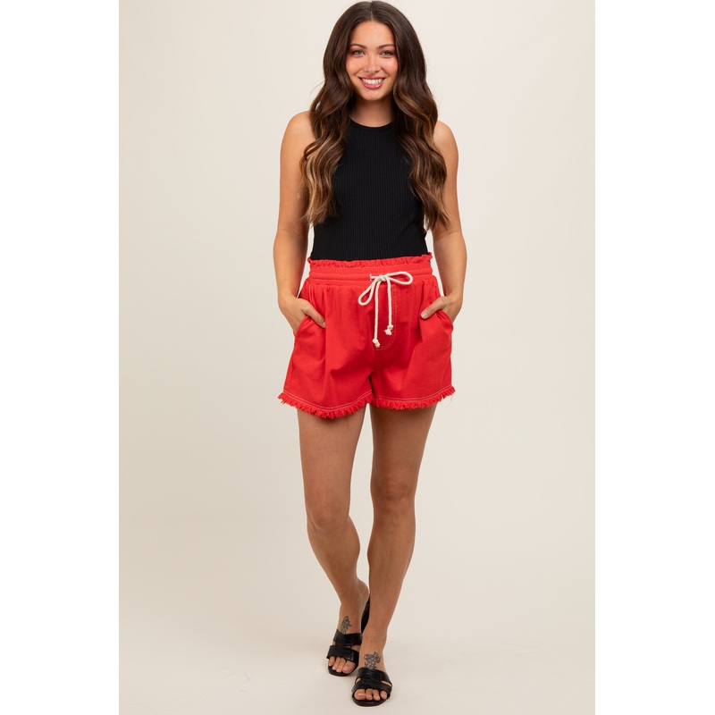 Red Drawstring Fringe Hem Maternity Shorts