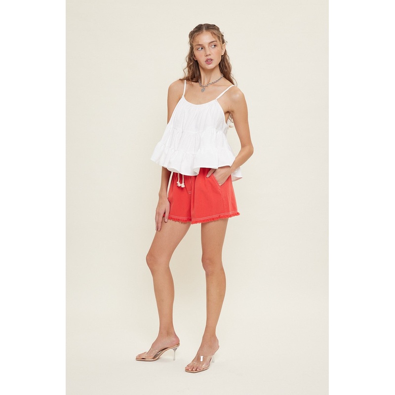 Red Drawstring Fringe Hem Shorts