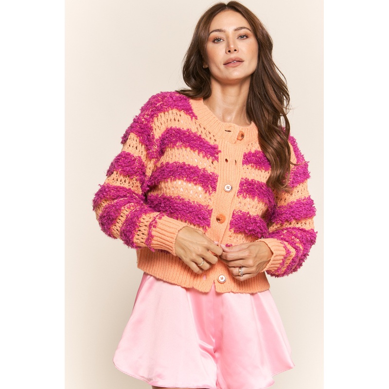 Tangerine Fuchsia Fuzzy Stripe Long Sleeve Cardigan