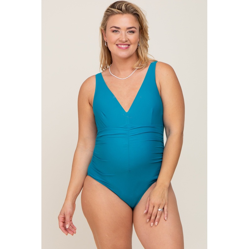 Turquoise Ruched Plus Maternity One Piece Swimsuit