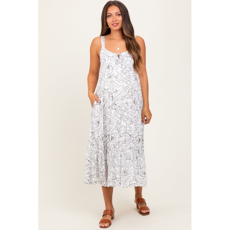 White Floral Outline Print Sleeveless Maternity Midi Dress