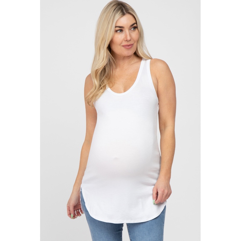 White Racerback Curved Hem Maternity Tank Top