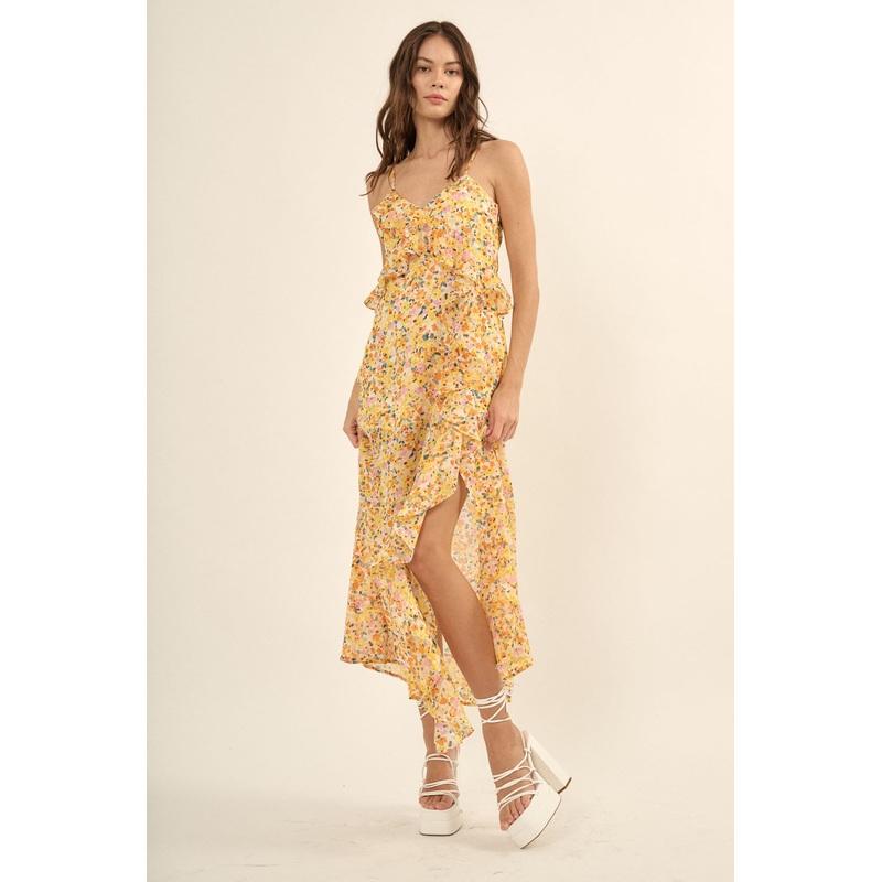 Yellow Floral Chiffon Handkerchief Side Slit Slip Dress