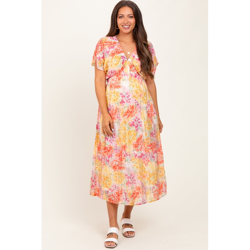 Yellow Mix Textured Floral Gathered V Neck Maternity Dress