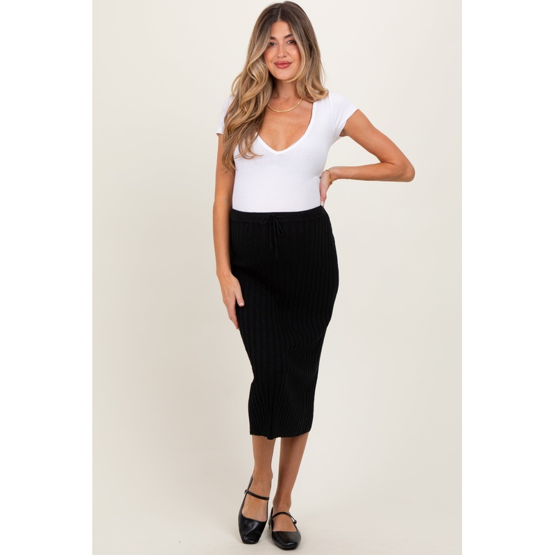 Black Ribbed Knit Drawstring Maternity Midi Skirt