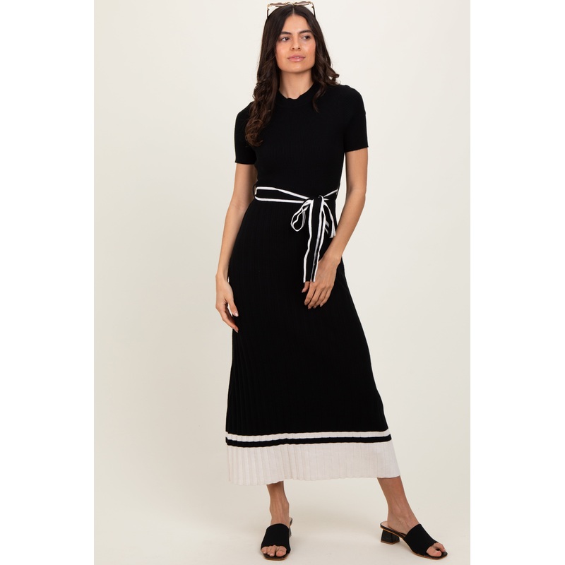 Black Ribbed Knit Pleated Midi Dress