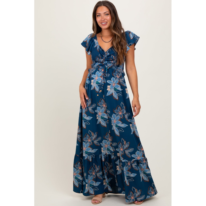 Navy Floral Smocked Cinched Top Maternity Maxi Dress